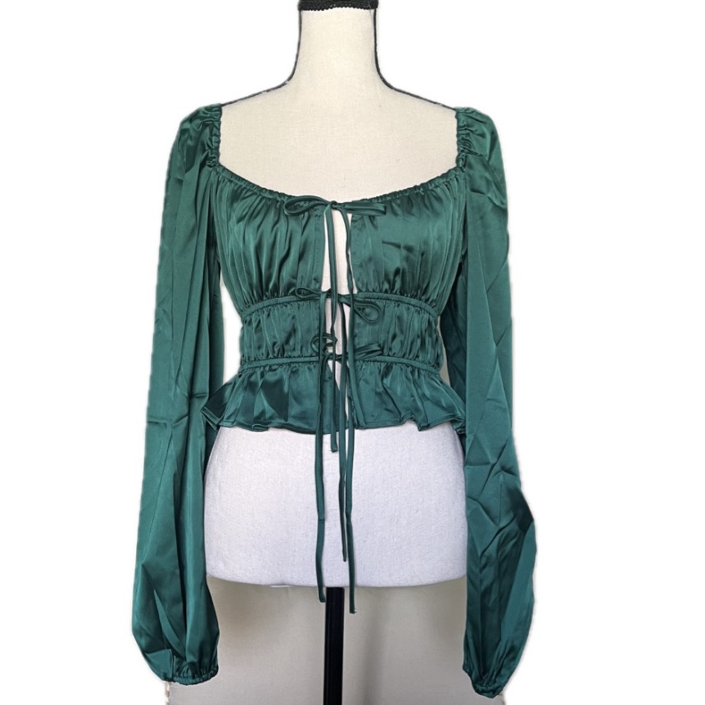 Forever 21 Green Satin Peasant Top